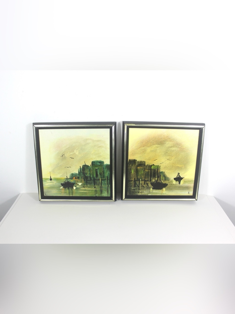 pair of Signed Vintage Oil Paintings, Marina Sailboats, Mid-Century Nautical Art